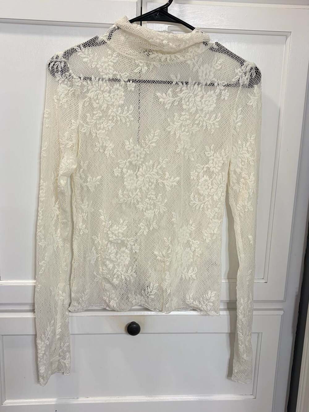 Free People Ivory Floral Lace Sheer Long Sleeve Mock Neck Top Boho Layering
